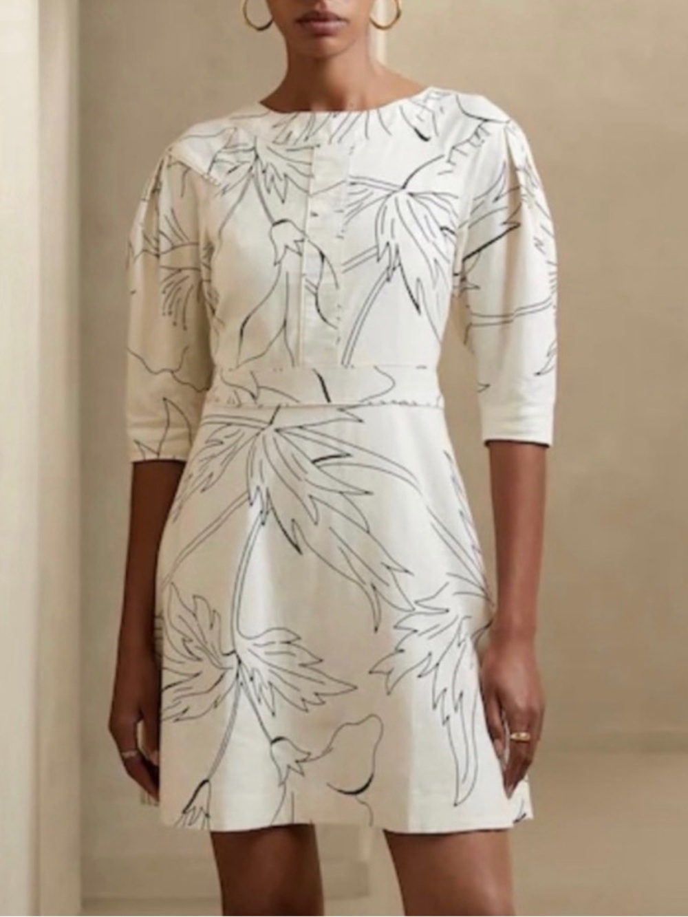 Banana Republic Linen Light beige Mini Dress with Black Floral Line Print
